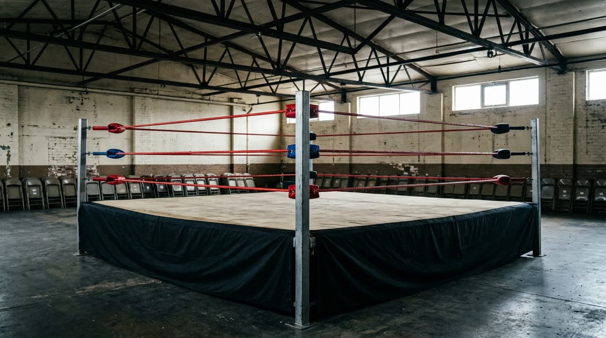 An empty wrestling ring with plain canvas and ropes in a bare hall with folding chairs stacked nearby.