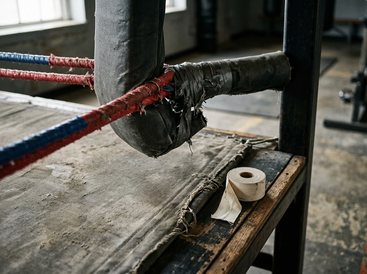 Close-up of a padded ring turnbuckle, taped ropes and scuffed canvas with a roll of tape on the apron.