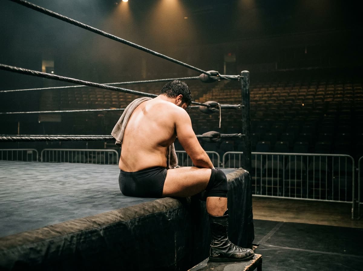A wrestler in boots and kneepads sits on the ring apron with their back to camera, towel on shoulder.