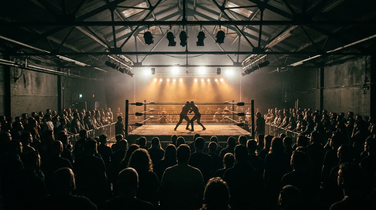 A lit wrestling ring seen over the silhouetted heads of a standing crowd in a dark venue.