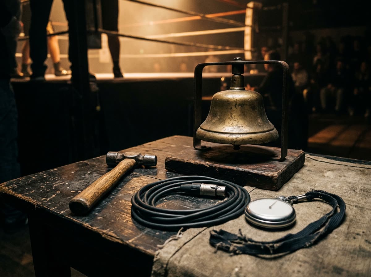 A brass ring bell and hammer on a ringside table beside a coiled microphone cable and stopwatch.