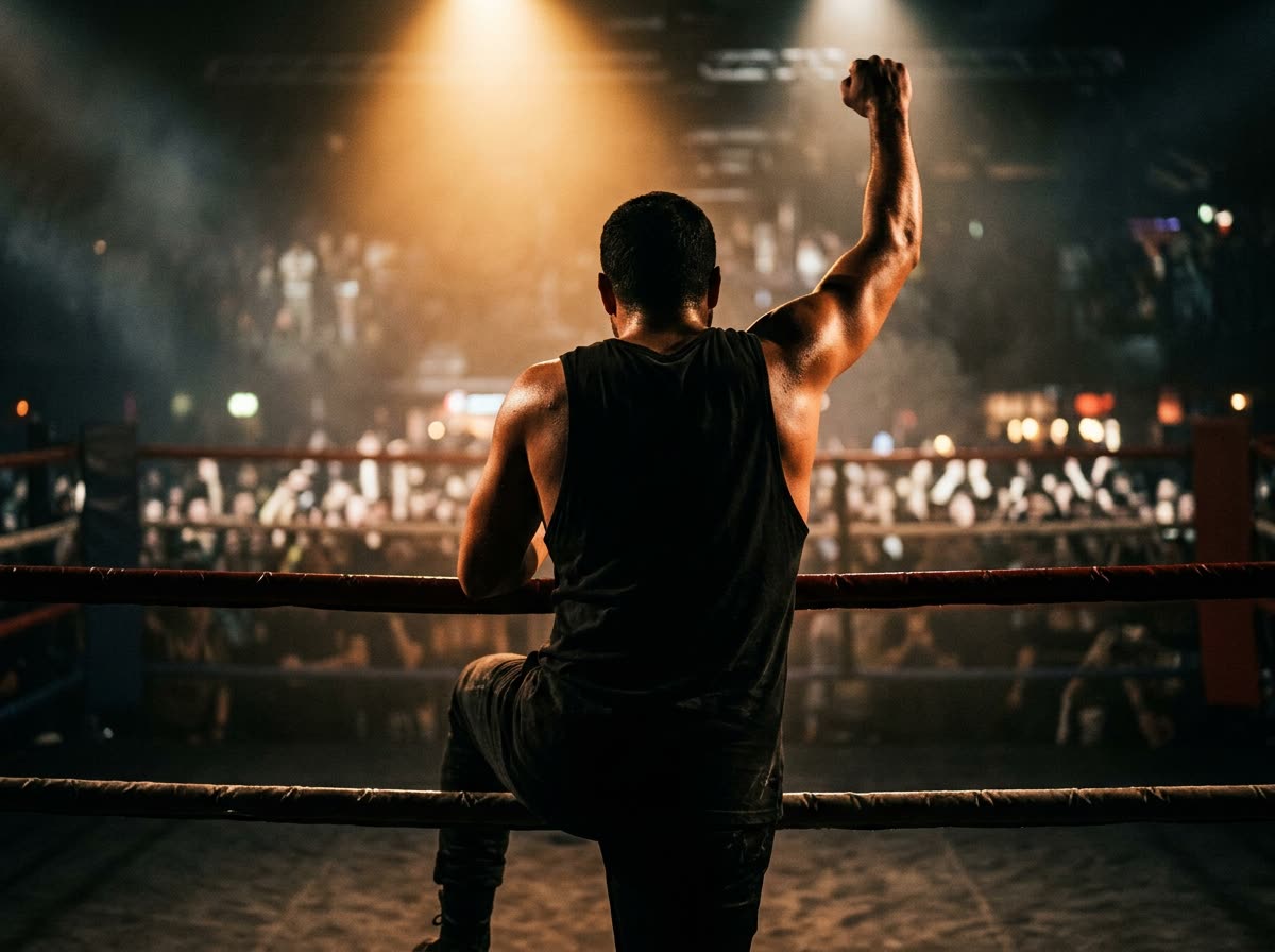 A performer seen from behind steps through the ropes with one arm raised, crowd blurred beyond.