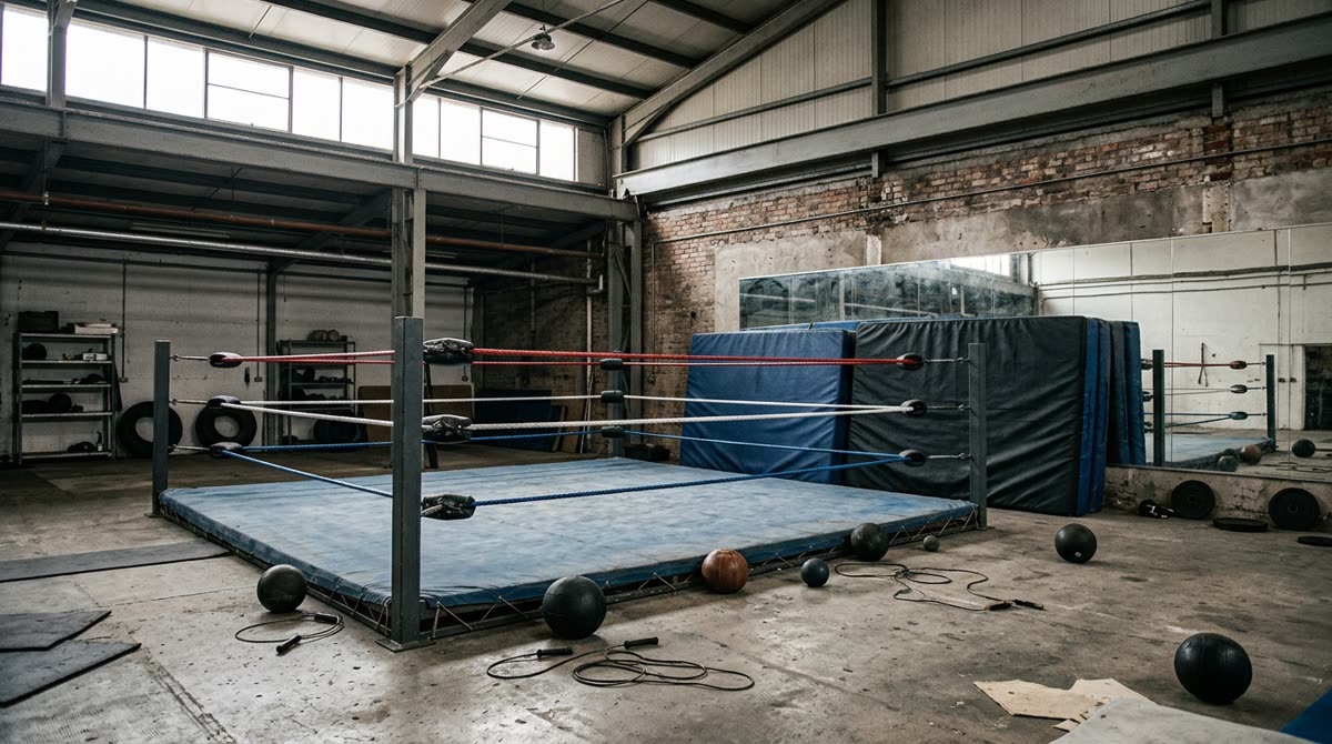 A warehouse training gym with a practice ring, stacked crash mats, a mirrored wall and gym equipment.