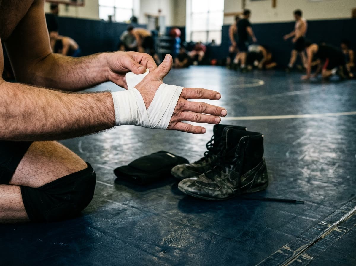 Hands wind athletic tape around a wrist, with worn wrestling boots and kneepads on the mat behind.