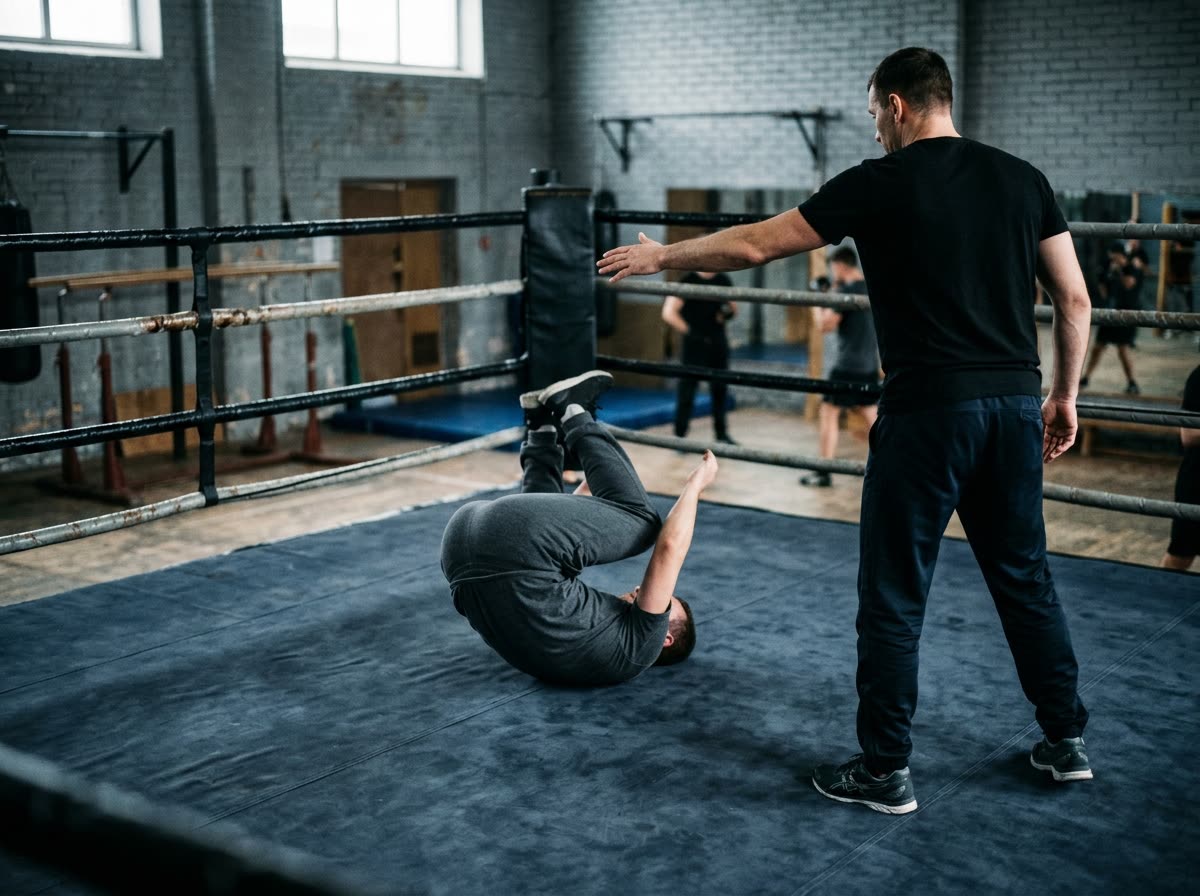 An adult trainee rolls across a practice mat while a coach stands alongside with an arm extended.